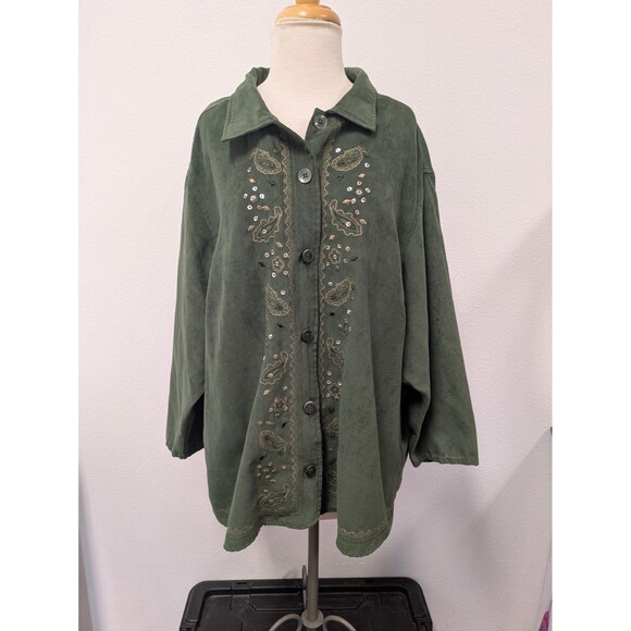Vintage Erika Forest Green Faux Suede Top sz 3X Beaded Gold Trim Feminine Retro - Picture 1 of 8